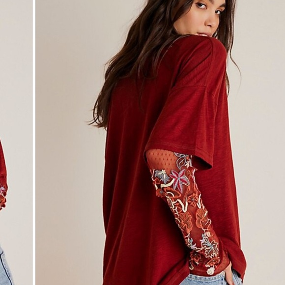 Free People Red Embroidered Long Sleeve Tee (Gardener Tee) - Picture 3 of 7